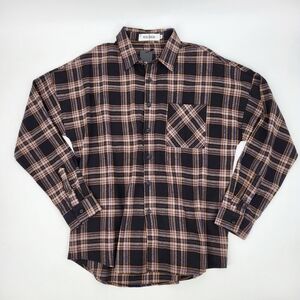 Men's Plaid Flannel Button Down Shirt Long Sleeve Brown Black Realtakai Medium